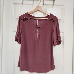 Short Sleeved Zip-up Blouse W/ Gold Accents